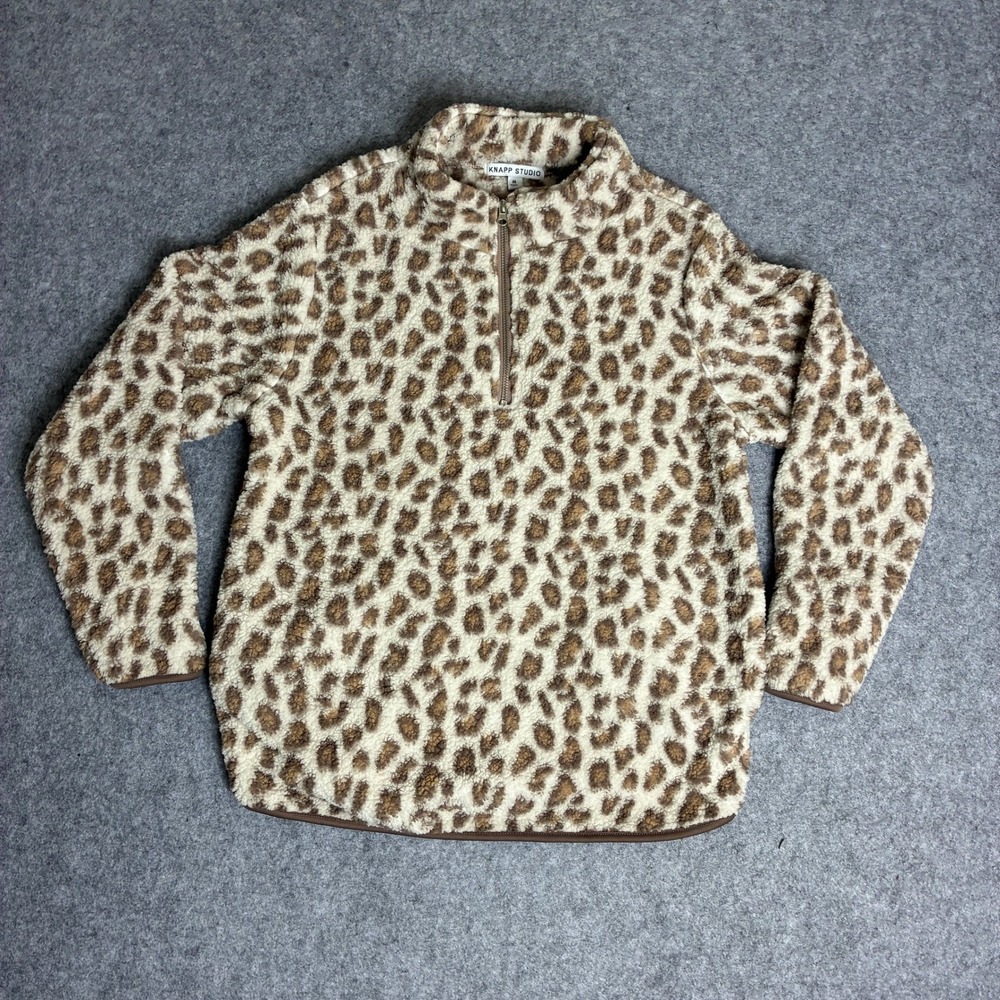 Knapp Studio Womens Size Medium Leopard Print Sherpa Fleece Quarter Zip Pullover